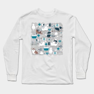 Veterinary medicine, happy and healthy friends // grey background turquoise details navy blue white and brown cats dogs and other animals Long Sleeve T-Shirt